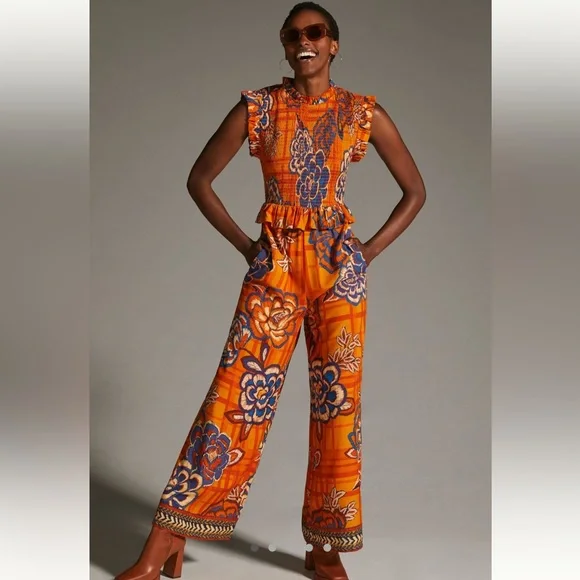 NWOT FARM RIO x ANTHROPOLOGIE Smocked Wide-Leg Jumpsuit - Picture 6 of 8